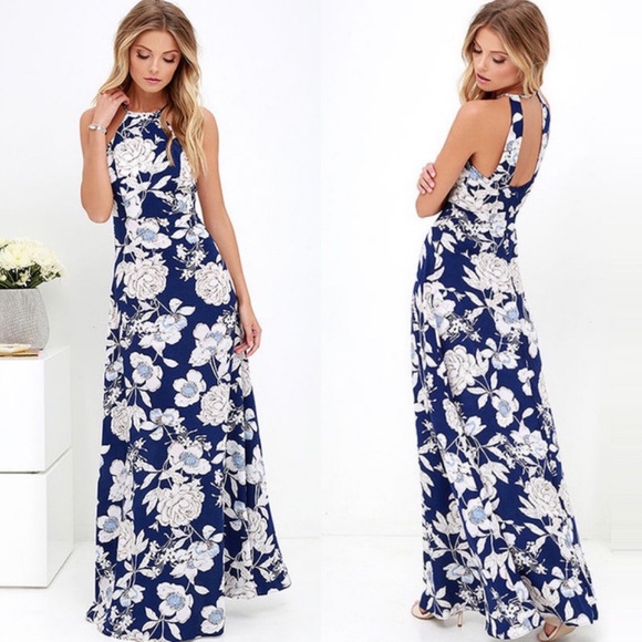 Dresses & Skirts - Mock Halter Open Back Blue Floral Maxi Dress